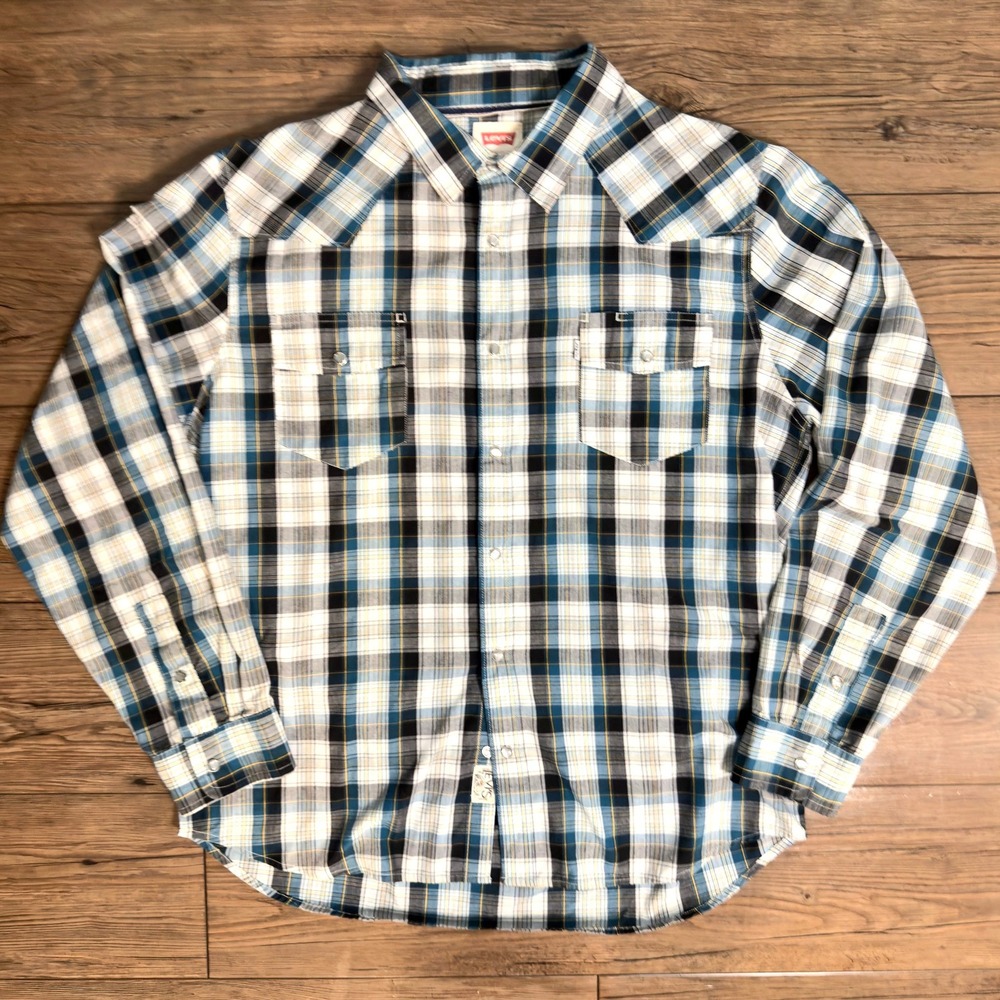 Levi's Western Pearl‎ Snap Shirt Plaid Blue Gray Size XXL